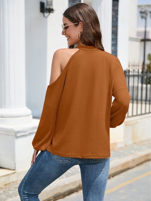 Blusa de manga larga con cuello redondo y hombros descubiertos para mujer