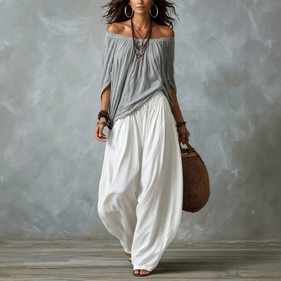 Conjunto de dos piezas para mujer: blusa de manga larga con hombros descubiertos y pantalón acampanado - Conjunto casual de corte holgado