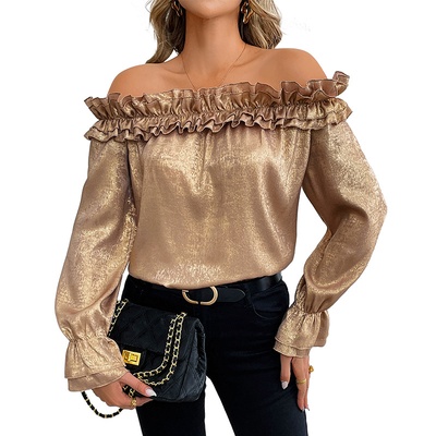 Camisa dorada de manga larga con hombros descubiertos para mujer, temporada de otoño