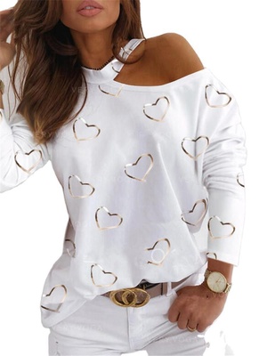Camiseta de manga larga casual con hombros descubiertos para mujer - White-L
