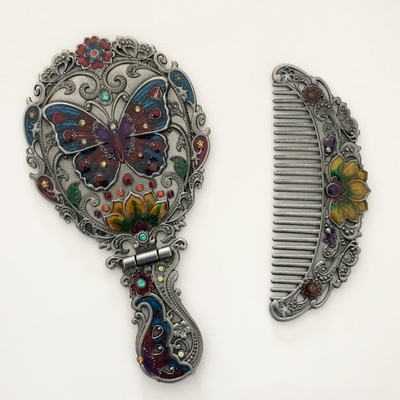 Set de regalo de espejo plegable y peine, espejo de maquillaje, espejo de mano portátil - Butterfly Guxi