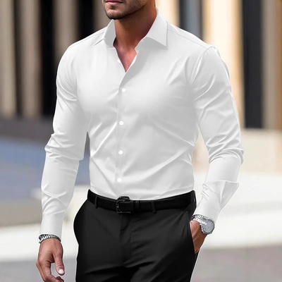 Camisa de hombre para negocios, camisa de botones, camisa de verano de color sólido, manga larga, con solapa, camisa de vacaciones, tops casuales de moda con estilo.