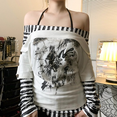 Top estampado para mujer con hombros descubiertos, estilo Millennial Y2K, a rayas y en colores contrastantes.