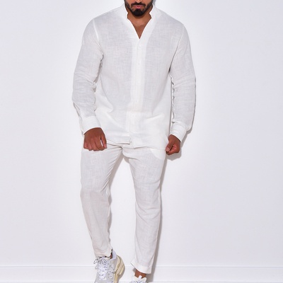 Conjunto casual de dos piezas para hombre: suéter de manga larga con cuello en V y pantalón recto, color sólido, para uso diario. - White-XL