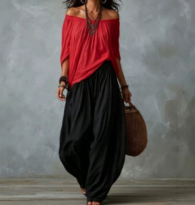 Conjunto de dos piezas para mujer: blusa de manga larga con hombros descubiertos y pantalón acampanado - Conjunto casual de corte holgado - Black red A-L