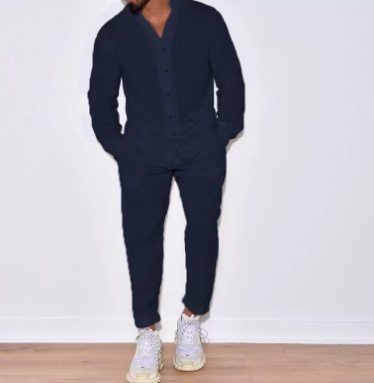Conjunto de dos piezas casual para hombre: suéter de manga larga con cuello en V y pantalón recto, color sólido, para uso diario.