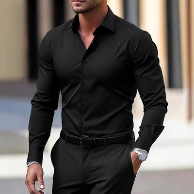 Camisa de hombre para negocios, camisa de botones, camisa de verano de color sólido, manga larga, con solapa, camisa de vacaciones, tops casuales de moda con estilo.