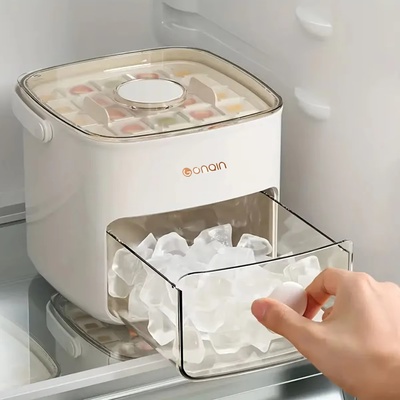 Fabricador de hielo de 48 cavidades, diseño de doble capa para verano, molde de hielo de grado alimenticio con tapa de fácil presión y caja de almacenamiento para el hogar.