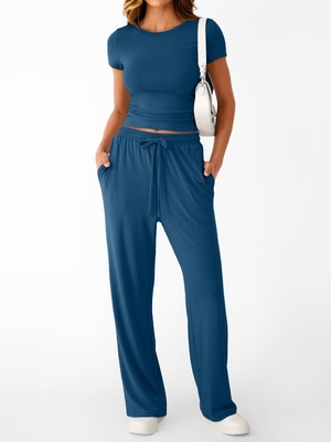 Conjunto de dos piezas estilo Y2K casual y entallado para mujer - Azul mar-XL