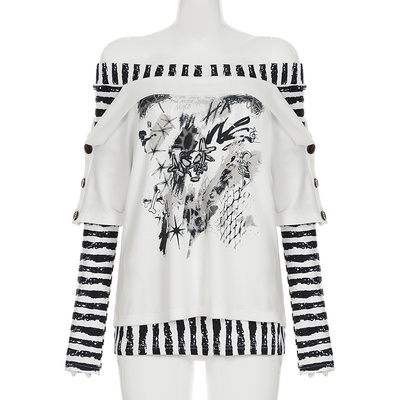 Top estampado para mujer con hombros descubiertos, estilo Millennial Y2K, a rayas y en colores contrastantes.