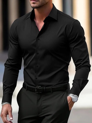 Camisa de hombre para negocios, camisa de botones, camisa de verano de color sólido, manga larga, con solapa, camisa de vacaciones, tops casuales de moda con estilo.