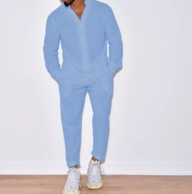 Conjunto de dos piezas casual para hombre: suéter de manga larga con cuello en V y pantalón recto, color sólido, para uso diario.