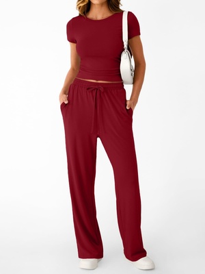 Conjunto de dos piezas estilo Y2K casual y entallado para mujer - Rojo-XXL
