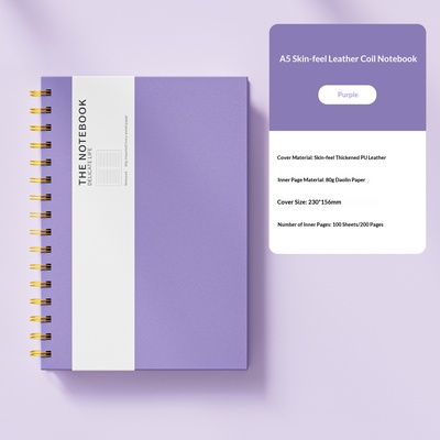 Cuaderno de espiral con cubierta de piel para oficina, versión engrosada - Tacto de piel morado