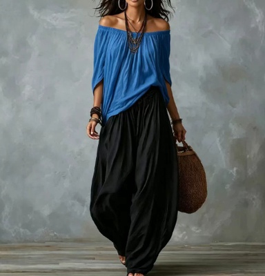 Conjunto de dos piezas para mujer: blusa de manga larga con hombros descubiertos y pantalón acampanado - Conjunto casual de corte holgado