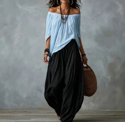 Conjunto de dos piezas para mujer: blusa de manga larga con hombros descubiertos y pantalón acampanado - Conjunto casual de corte holgado