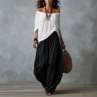 Conjunto de dos piezas para mujer: blusa de manga larga con hombros descubiertos y pantalón acampanado - Conjunto casual de corte holgado