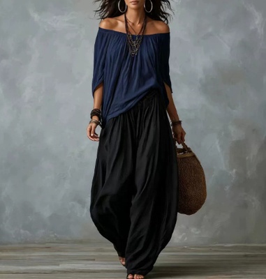 Conjunto de dos piezas para mujer: blusa de manga larga con hombros descubiertos y pantalón acampanado - Conjunto casual de corte holgado