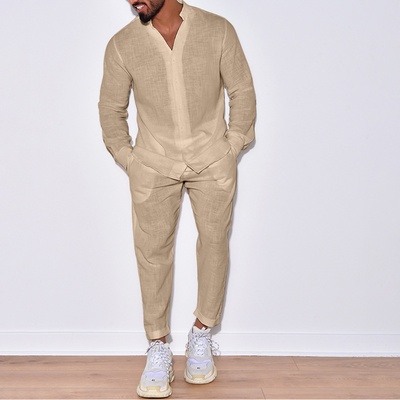 Conjunto de dos piezas casual para hombre: suéter de manga larga con cuello en V y pantalón recto, color sólido, para uso diario.