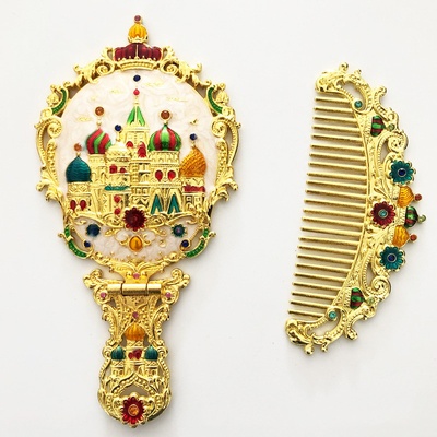 Set de regalo de espejo plegable y peine, espejo de maquillaje, espejo de mano portátil - Castle golden