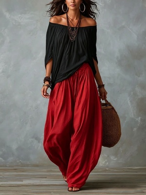 Conjunto de dos piezas para mujer: blusa de manga larga con hombros descubiertos y pantalón acampanado - Conjunto casual de corte holgado - Rojo y negro-S