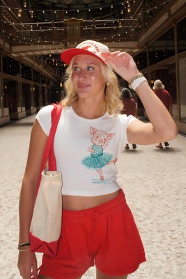 Camiseta corta con estampado de cerdito estilo ballet Y2K para mujer - Blanco-L