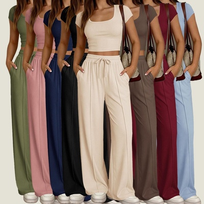 Conjunto de 2 piezas Y2K de manga corta y pantalón largo para mujer