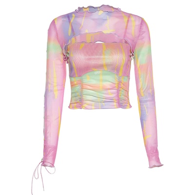 Blusa de dos piezas con estampado de color, hombros descubiertos y manga larga para mujer