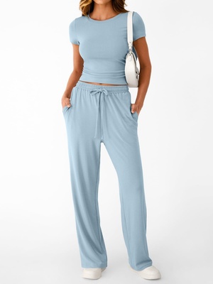 Conjunto de dos piezas estilo Y2K casual y entallado para mujer - Light Blue-XXL
