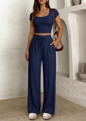 Conjunto de 2 piezas Y2K de manga corta y pantalón largo para mujer - Azul oscuro-2XL