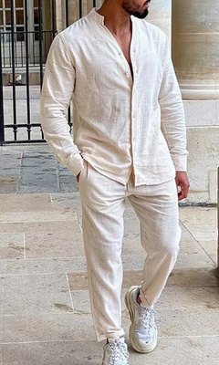 Conjunto de dos piezas casual para hombre: suéter de manga larga con cuello en V y pantalón recto, color sólido, para uso diario.