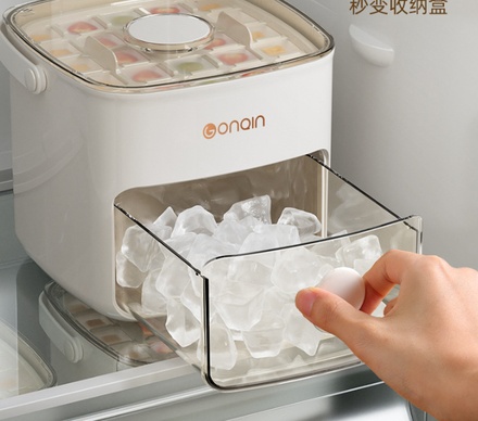 Fabricador de hielo de 48 cavidades, diseño de doble capa para verano, molde de hielo de grado alimenticio con tapa de fácil presión y caja de almacenamiento para el hogar.
