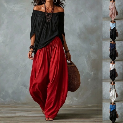Conjunto de dos piezas para mujer: blusa de manga larga con hombros descubiertos y pantalón acampanado - Conjunto casual de corte holgado