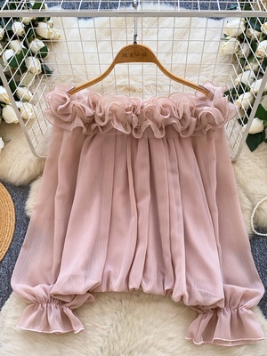 Camisa de gasa de manga larga con hombros descubiertos y paneles con volantes para mujer