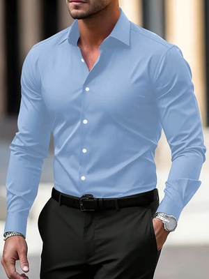 Camisa de negocios para hombre, camisa de botones, camisa de verano de color sólido, manga larga, con solapa, camisa de vacaciones, tops casuales de moda con estilo. - Sky Blue-S
