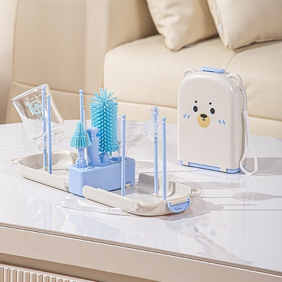 Set de cepillos de viaje para biberones - Cepillos de limpieza de silicona seguros para recién nacidos con estuche de almacenamiento para biberones, tetinas y accesorios - Azul