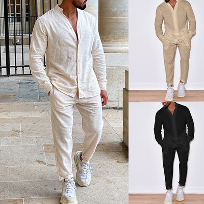 Conjunto de dos piezas casual para hombre: suéter de manga larga con cuello en V y pantalón recto, color sólido, para uso diario.