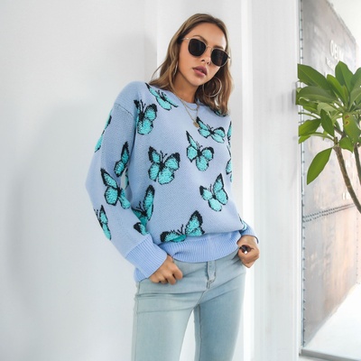 Suéter Y2K con diseño de mariposa en 3D para mujer - Fondo azul azul-XL
