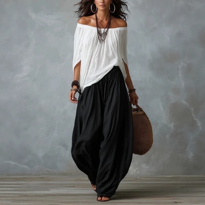 Conjunto de dos piezas para mujer: blusa de manga larga con hombros descubiertos y pantalón acampanado - Conjunto casual de corte holgado