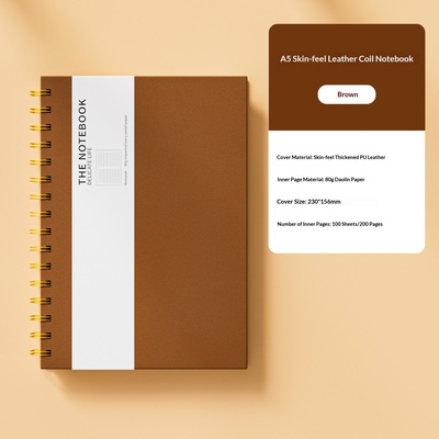 Cuaderno de espiral con cubierta de piel para oficina, versión engrosada - Tacto de piel marrón