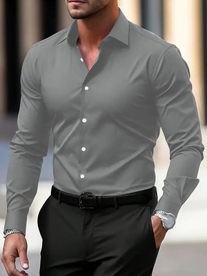 Camisa de negocios para hombre, camisa de botones, camisa de verano de color sólido, manga larga, con solapa, camisa de vacaciones, tops casuales de moda con estilo. - Gris claro-XXL