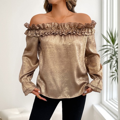 Camisa dorada de manga larga con hombros descubiertos para mujer, temporada de otoño - Gold-S