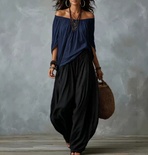 Conjunto de dos piezas para mujer: blusa de manga larga con hombros descubiertos y pantalón acampanado - Conjunto casual de corte holgado