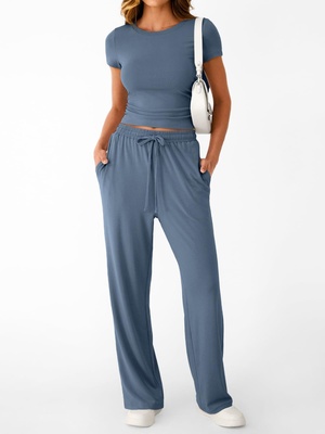 Conjunto de dos piezas estilo Y2K casual y entallado para mujer - Gray Blue-L