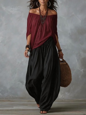Conjunto de dos piezas para mujer: blusa de manga larga con hombros descubiertos y pantalón acampanado - Conjunto casual de corte holgado