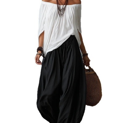 Conjunto de dos piezas para mujer: blusa de manga larga con hombros descubiertos y pantalón acampanado - Conjunto casual de corte holgado