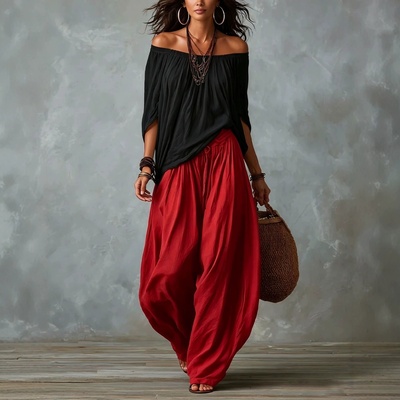 Conjunto de dos piezas para mujer: blusa de manga larga con hombros descubiertos y pantalón acampanado - Conjunto casual de corte holgado