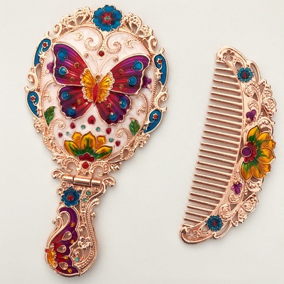 Set de regalo de espejo plegable y peine, espejo de maquillaje, espejo de mano portátil - Butterfly Rose Gold