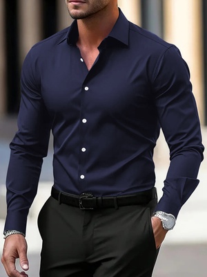 Camisa de negocios para hombre, camisa de botones, camisa de verano de color sólido, manga larga, con solapa, camisa de vacaciones, tops casuales de moda con estilo. - Azul marino-XXL