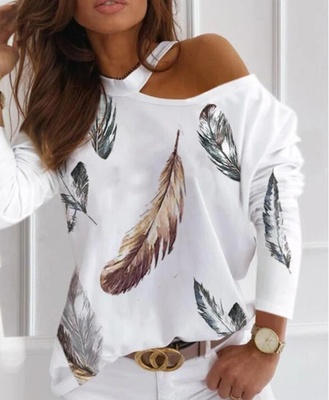 Camiseta de manga larga casual con hombros descubiertos para mujer - Feather white-3XL
